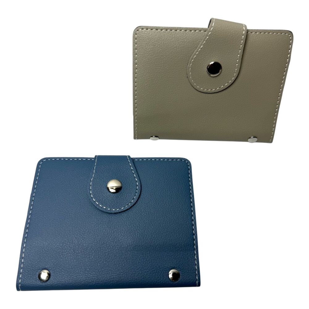 Slim Business Card Holder Wallet Set of 2 PU Leather Blue Gray Snap Closure